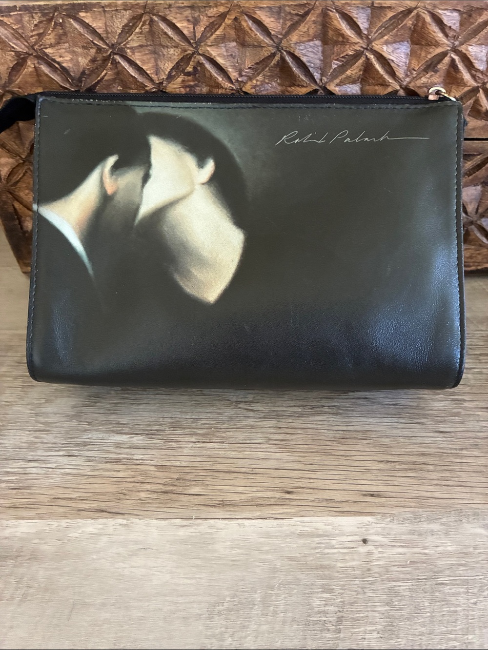 Icon black leather zip pouch artwork by Robin Palanker signed 5” x 7”